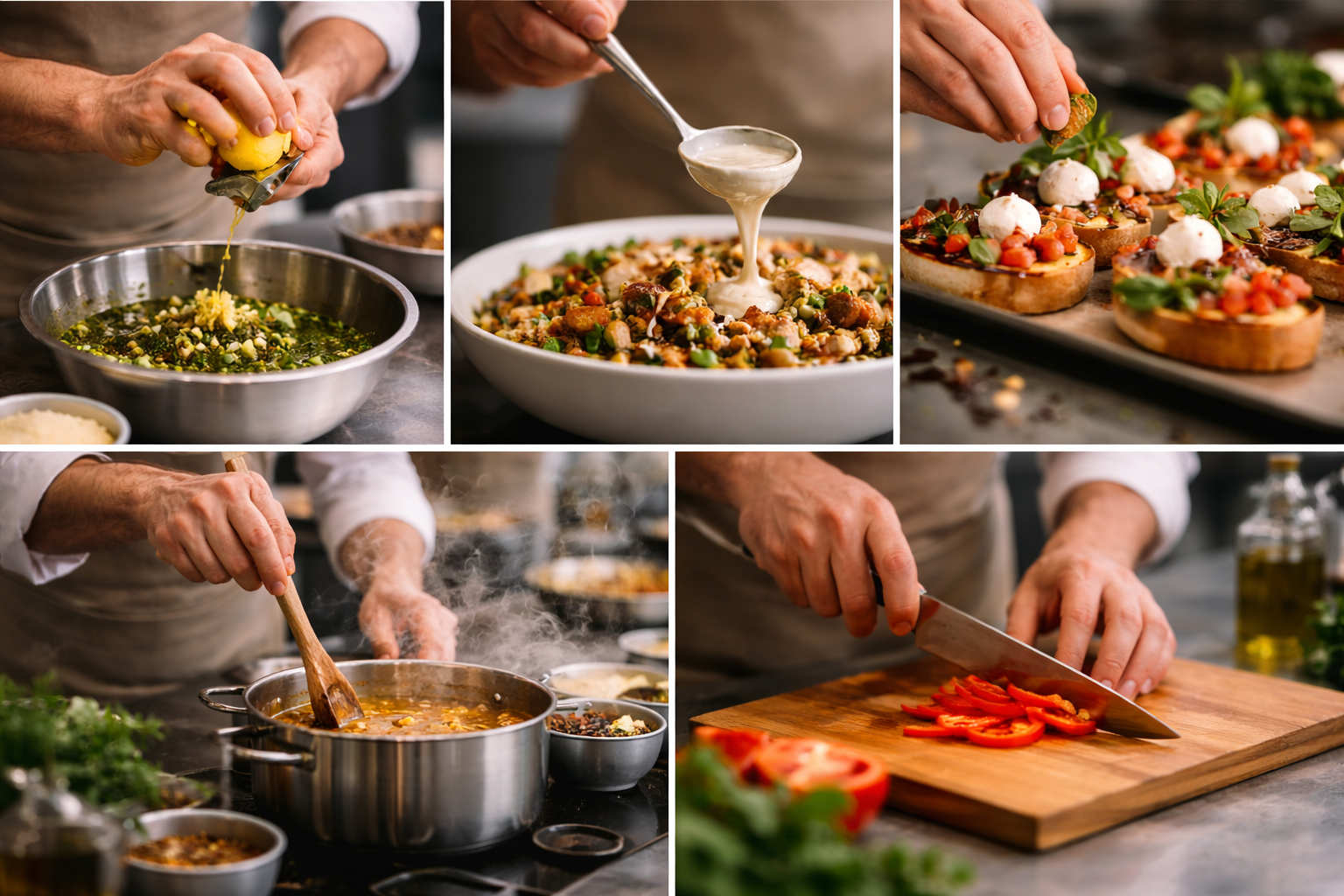 Various cooking processes in commercial kitchen